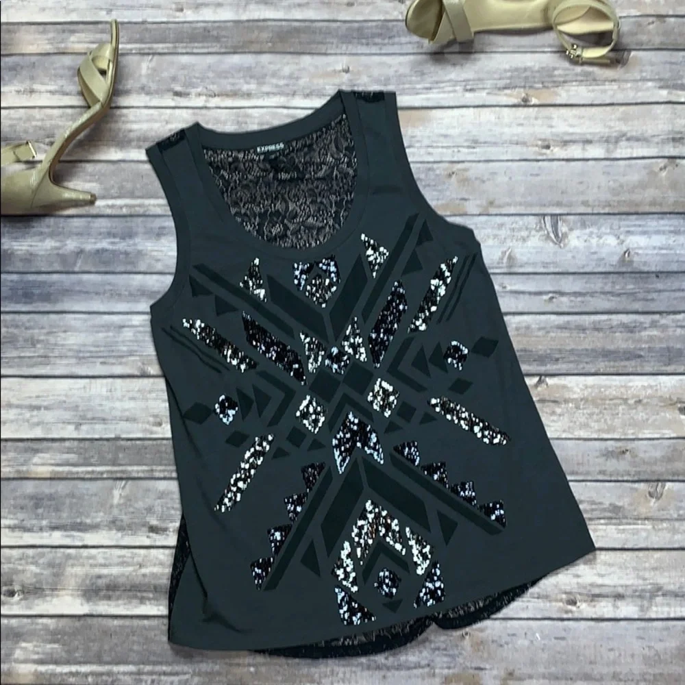 Express | Gray/Black Sequin Tank w/Lace Back | S